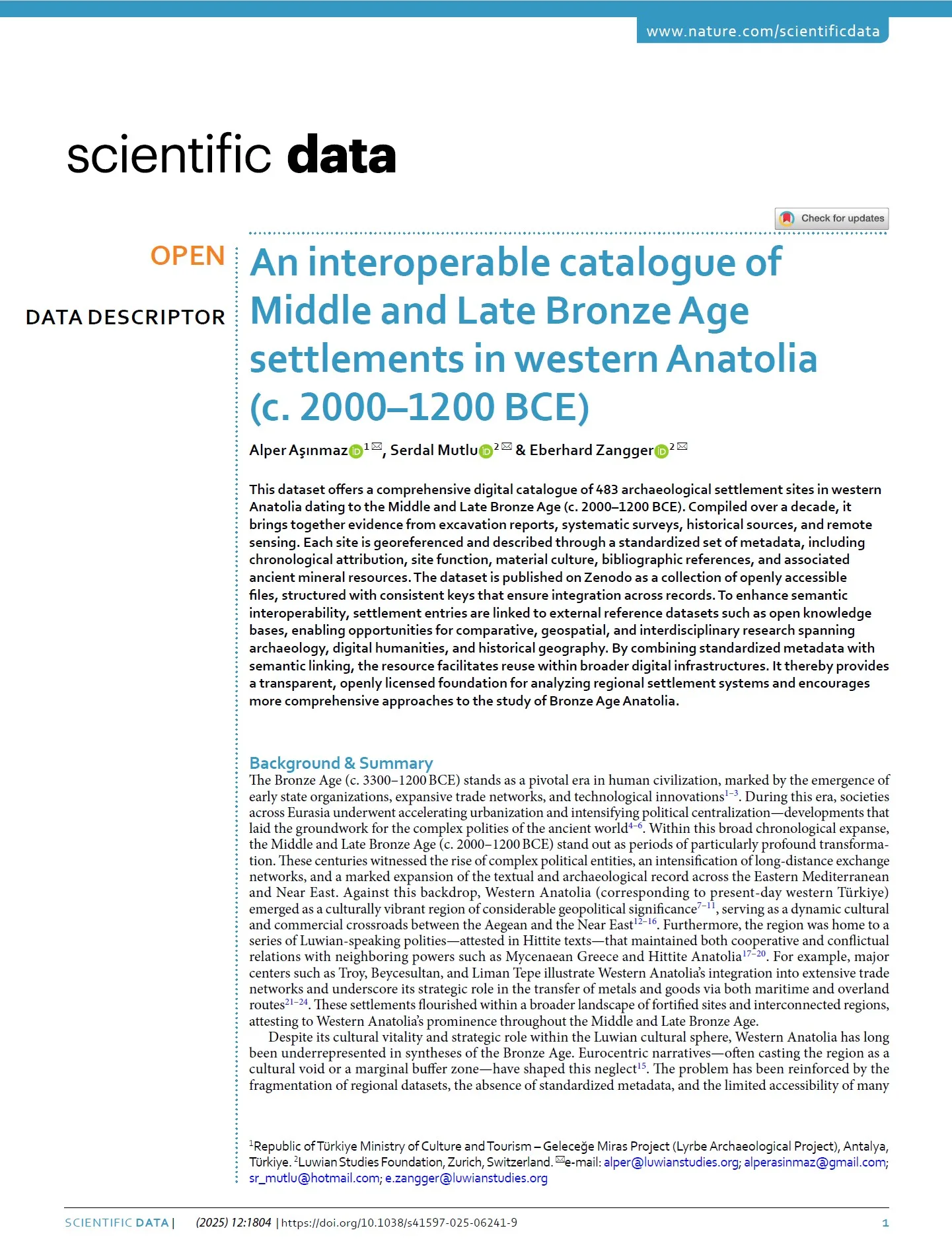 an interoperable catalogue of Middle and Late Bronze age settlements in western anatolia (c. 2000–1200 BCE)